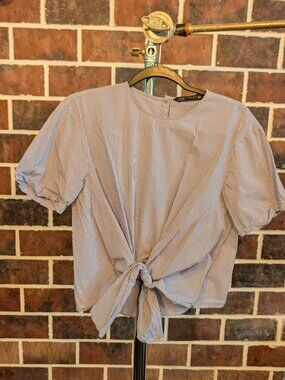 ZARA WOMAN Blue Striped Tie-Front Button-Back Top XS